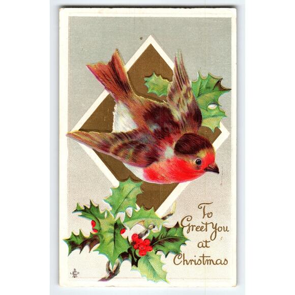 Vintage 1911 Christmas Postcard Red Bird & Holly with Embossed Design Stecher - Picture 1 of 2